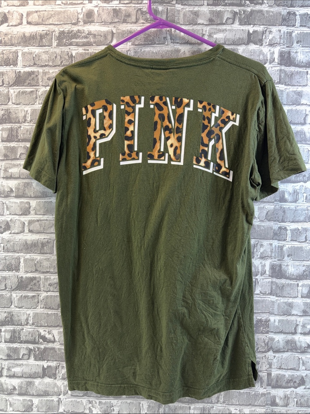 PINK Victoria's Secret Olive Green Tee with Leopard Print Logo